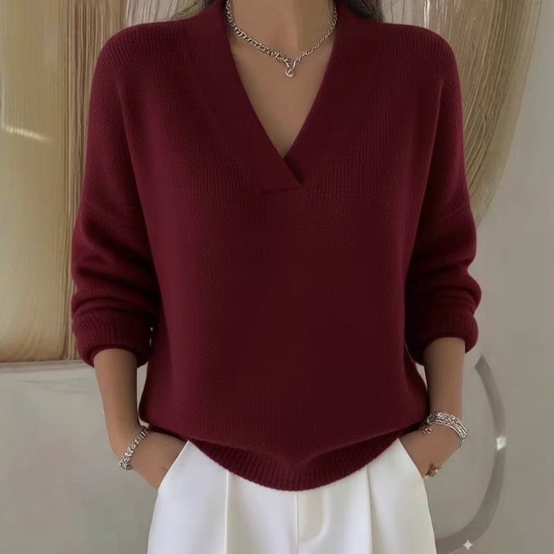 Women's Ribbed V-Neck Long-Sleeve Polyester Sweater 1