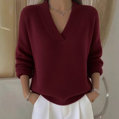 Women's Ribbed V-Neck Long-Sleeve Polyester Sweater 1