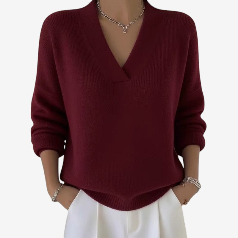 Women's Ribbed V-Neck Long-Sleeve Polyester Sweater Red