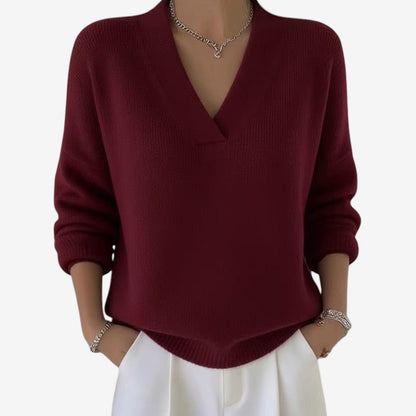 Women's Ribbed V-Neck Long-Sleeve Polyester Sweater Red