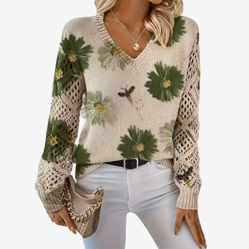 Women's Floral Print V-Neck Long-Sleeve Polyester Sweater Green