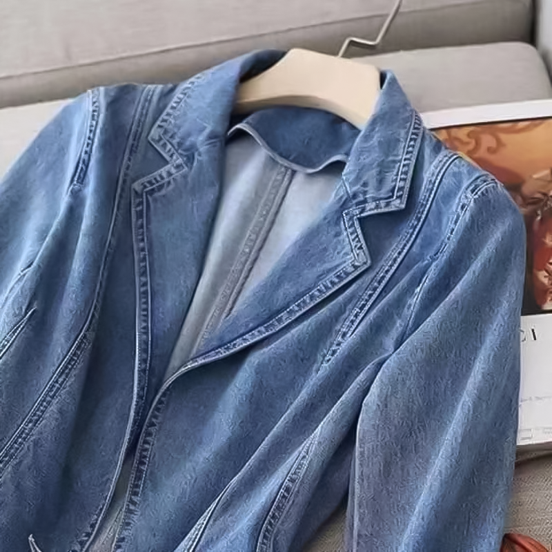 Women's Denim Blazer Notched Lapel Single-Button Fitted 2