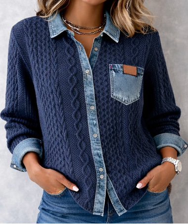 Women's Cable-Knit Denim-Collar Button-Front Blouse with Chest Pocket Blue