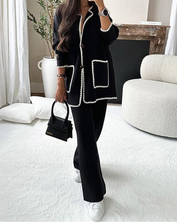 Women's Contrast-Trim Button-Front Cardigan Wide-Leg Pant Set Black
