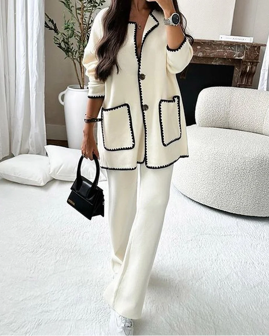 Women's Contrast-Trim Button-Front Cardigan Wide-Leg Pant Set White