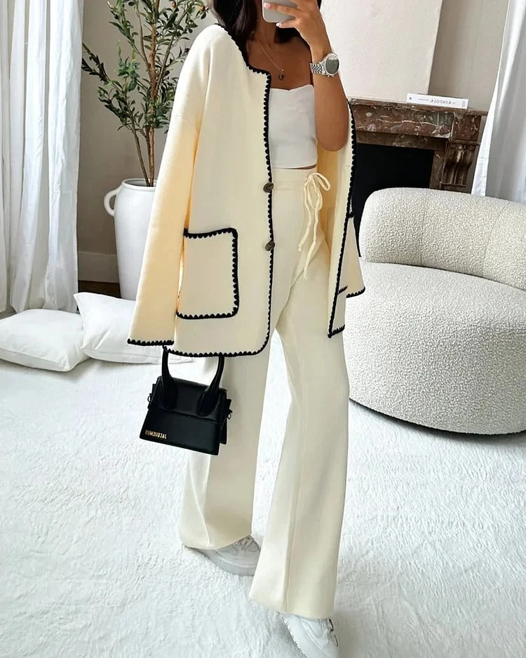 Women's Contrast-Trim Button-Front Cardigan Wide-Leg Pant Set