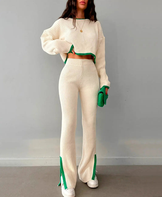 Women's Cropped Rib-Knit Sweater High-Waist Slim Pant Set Cream