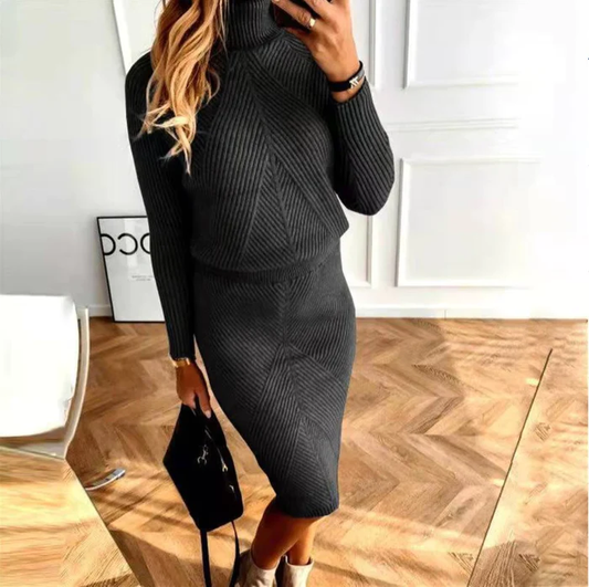 Women's Directional Rib Knit V-Neck Sweater Fitted Midi Skirt Set Black
