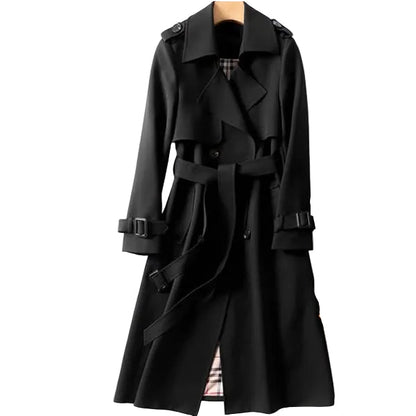 Women's Double-Breasted Belted Trench Coat with Lapel Collar and Cuff Straps Black