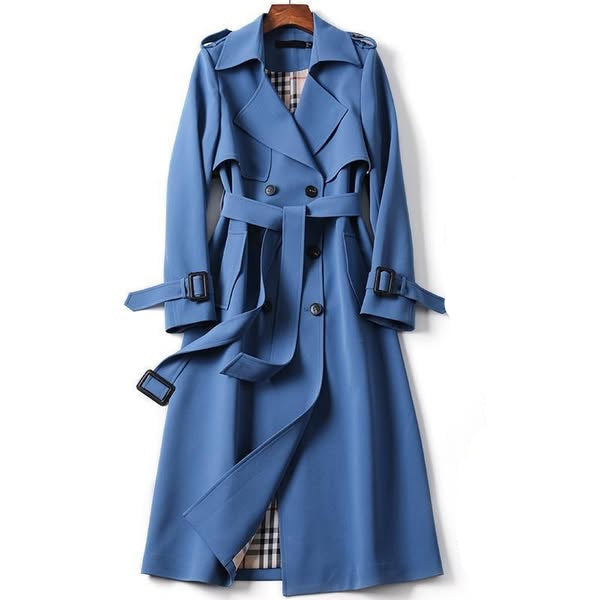 Women's Double-Breasted Belted Trench Coat with Lapel Collar and Cuff Straps Blue