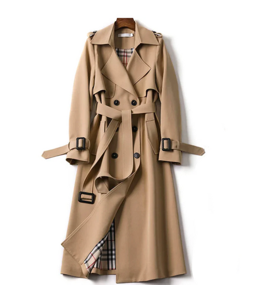 Women's Double-Breasted Belted Trench Coat with Lapel Collar and Cuff Straps Brown