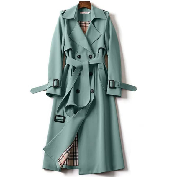 Women's Double-Breasted Belted Trench Coat with Lapel Collar and Cuff Straps Green