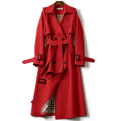 Women's Double-Breasted Belted Trench Coat with Lapel Collar and Cuff Straps Red