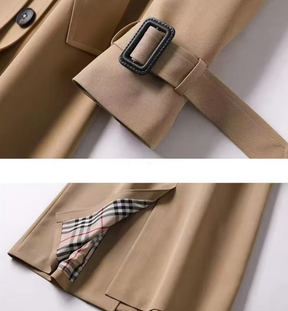 Women's Double-Breasted Belted Trench Coat with Lapel Collar and Cuff Straps