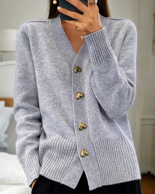 Women's Heart-Button Knit Cardigan Ribbed Cuffs Relaxed Fit Gray