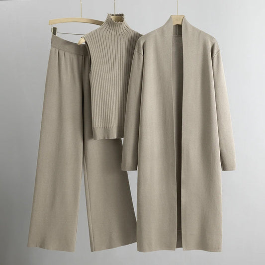 Women's Knit High-Neck Top Longline Cardigan Wide-Leg Pant Set Taupe