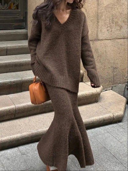 Women's Knit V-Neck Sweater Flared Midi Skirt Two-Piece Set Brown