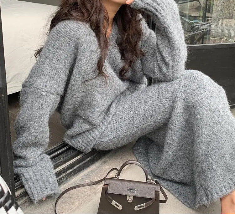 Women's Knit V-Neck Sweater Flared Midi Skirt Two-Piece Set Gray