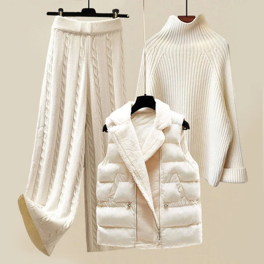 Women’s Layered Knit Winter Set – Turtleneck Sweater, Cable-Knit Pants, and Padded Gilet Cream