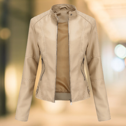 Women's Leather Stand-Collar Zip Jacket Fitted Cut Apricot