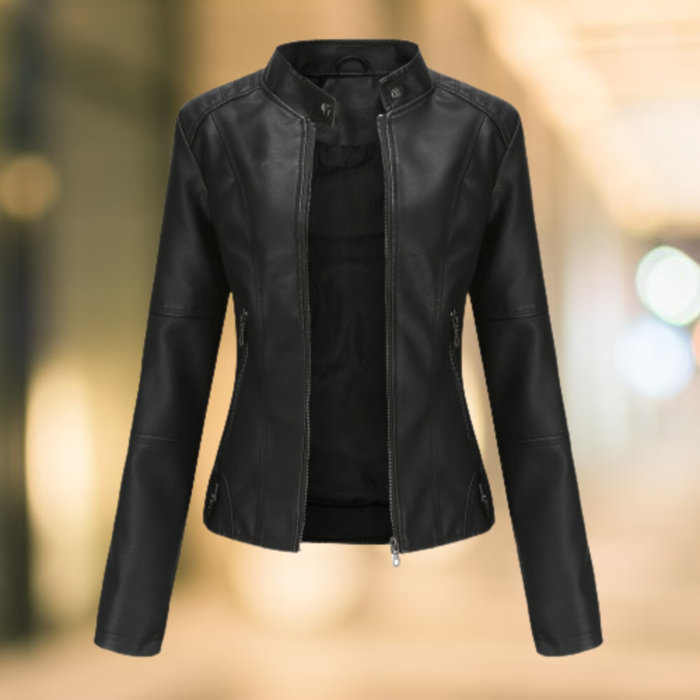 Women's Leather Stand-Collar Zip Jacket Fitted Cut Black