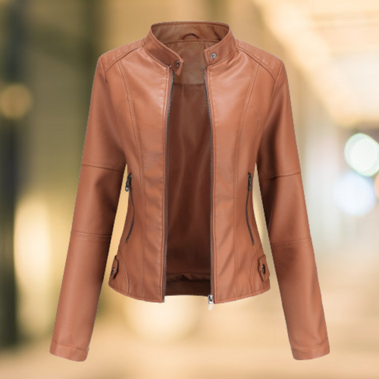 Women's Leather Stand-Collar Zip Jacket Fitted Cut Camel