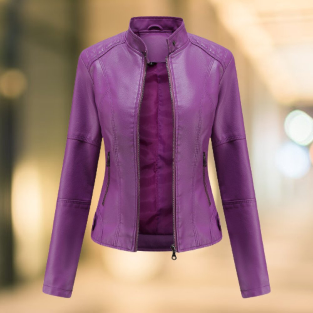 Women's Leather Stand-Collar Zip Jacket Fitted Cut Purple