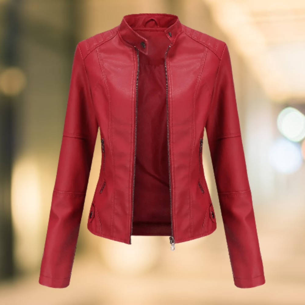 Women's Leather Stand-Collar Zip Jacket Fitted Cut Wine Red