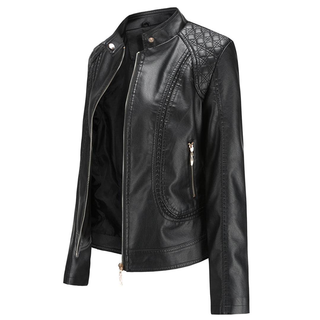 Women's Leather Zip-Up Jacket Stand Collar Zip Pockets 1