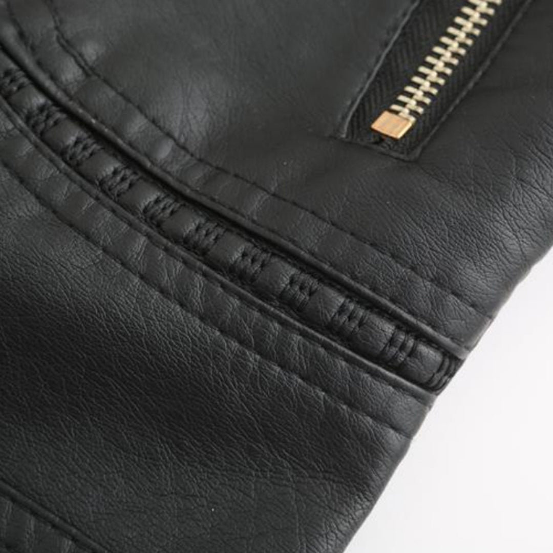 Women's Leather Zip-Up Jacket Stand Collar Zip Pockets 11