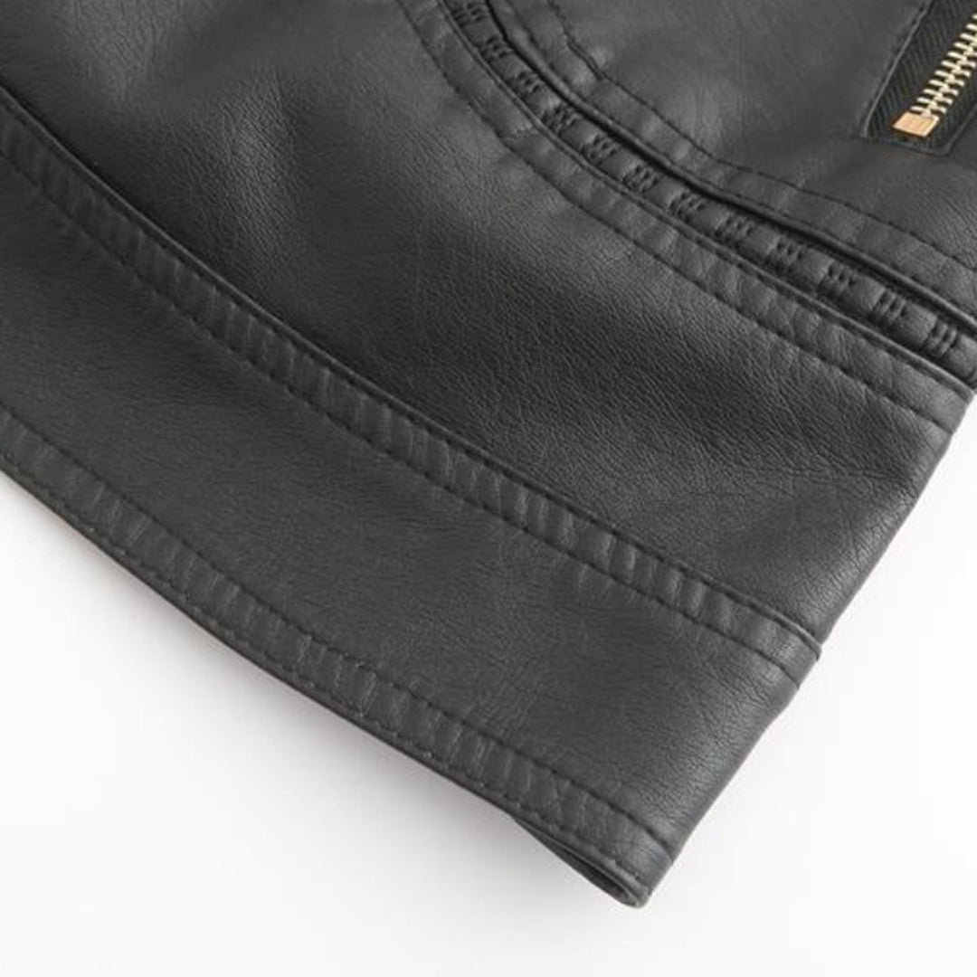 Women's Leather Zip-Up Jacket Stand Collar Zip Pockets 12