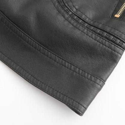 Women's Leather Zip-Up Jacket Stand Collar Zip Pockets 12