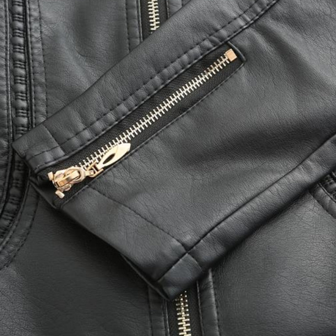 Women's Leather Zip-Up Jacket Stand Collar Zip Pockets 13