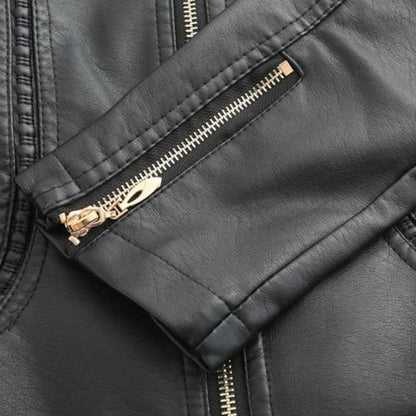 Women's Leather Zip-Up Jacket Stand Collar Zip Pockets 13