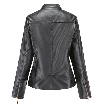 Women's Leather Zip-Up Jacket Stand Collar Zip Pockets 5