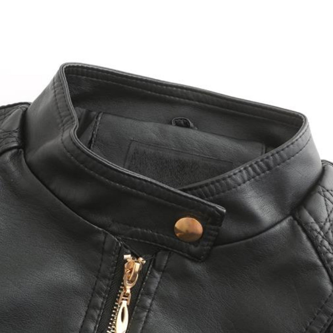 Women's Leather Zip-Up Jacket Stand Collar Zip Pockets 9