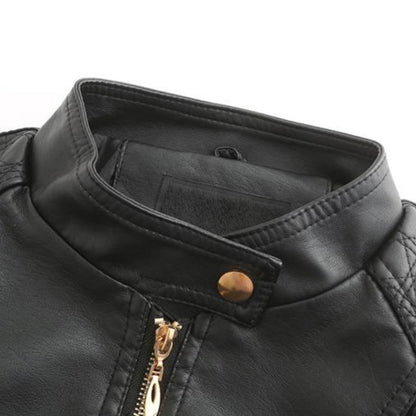 Women's Leather Zip-Up Jacket Stand Collar Zip Pockets 9