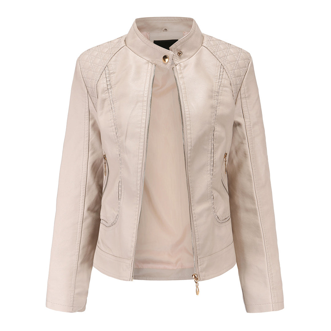 Women's Leather Zip-Up Jacket Stand Collar Zip Pockets Apricot