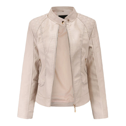 Women's Leather Zip-Up Jacket Stand Collar Zip Pockets Apricot