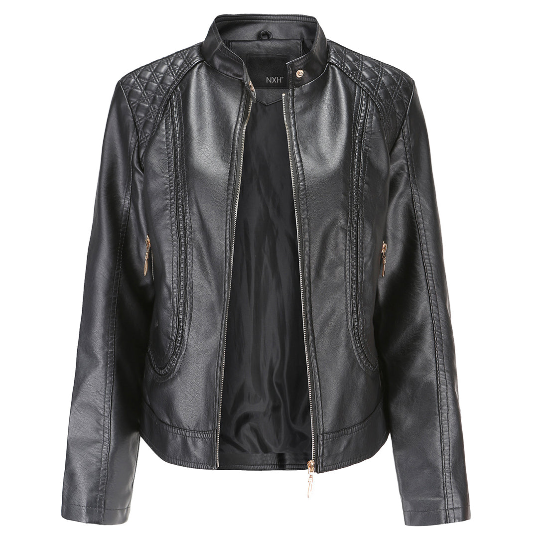 Women's Leather Zip-Up Jacket Stand Collar Zip Pockets Black