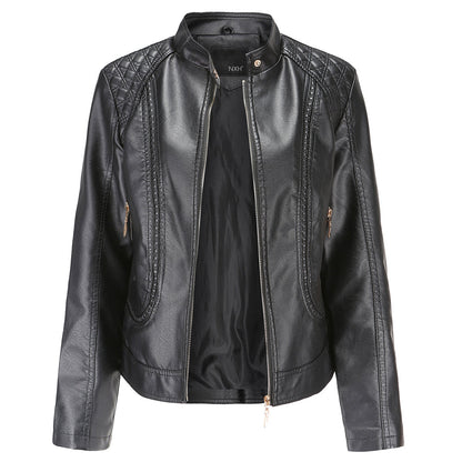 Women's Leather Zip-Up Jacket Stand Collar Zip Pockets Black