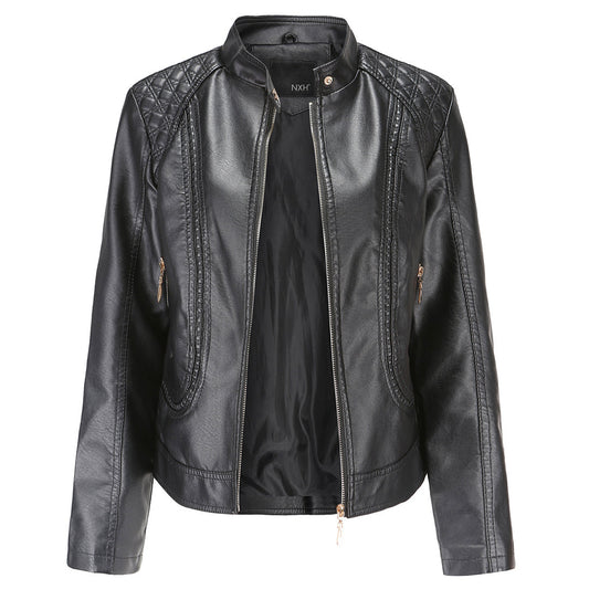 Women's Leather Zip-Up Jacket Stand Collar Zip Pockets Black