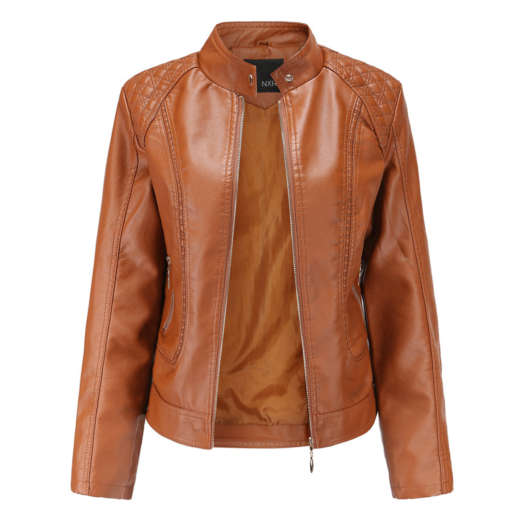 Women's Leather Zip-Up Jacket Stand Collar Zip Pockets Brown