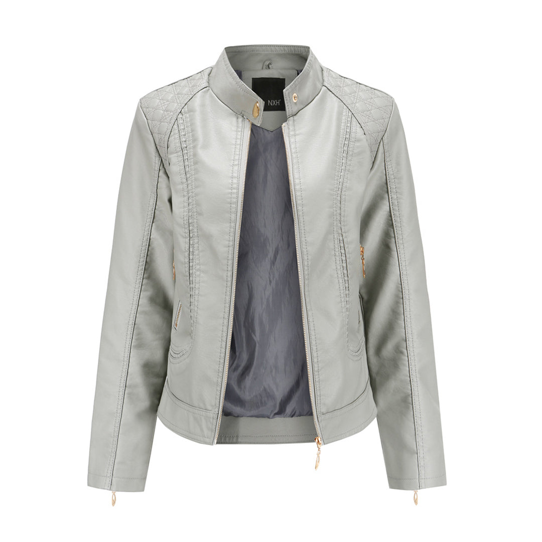 Women's Leather Zip-Up Jacket Stand Collar Zip Pockets Gray