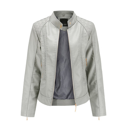 Women's Leather Zip-Up Jacket Stand Collar Zip Pockets Gray