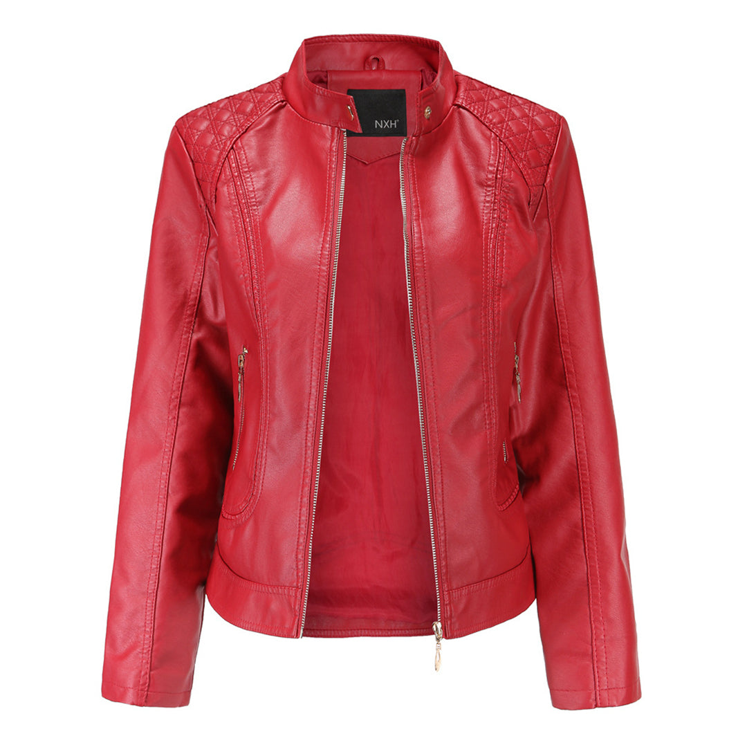 Women's Leather Zip-Up Jacket Stand Collar Zip Pockets Red