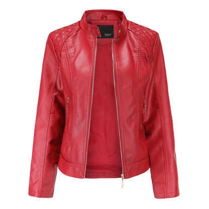 Women's Leather Zip-Up Jacket Stand Collar Zip Pockets Red