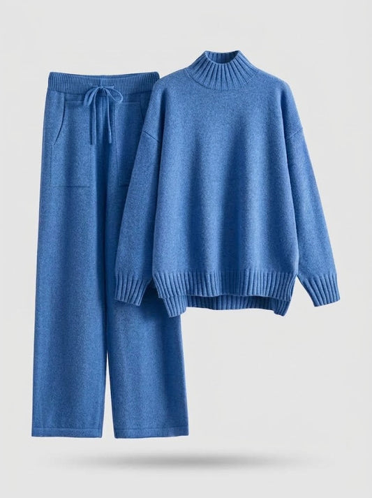 Women's Mock-Neck Knit Sweater Drawstring Wide-Leg Pant Set Blue