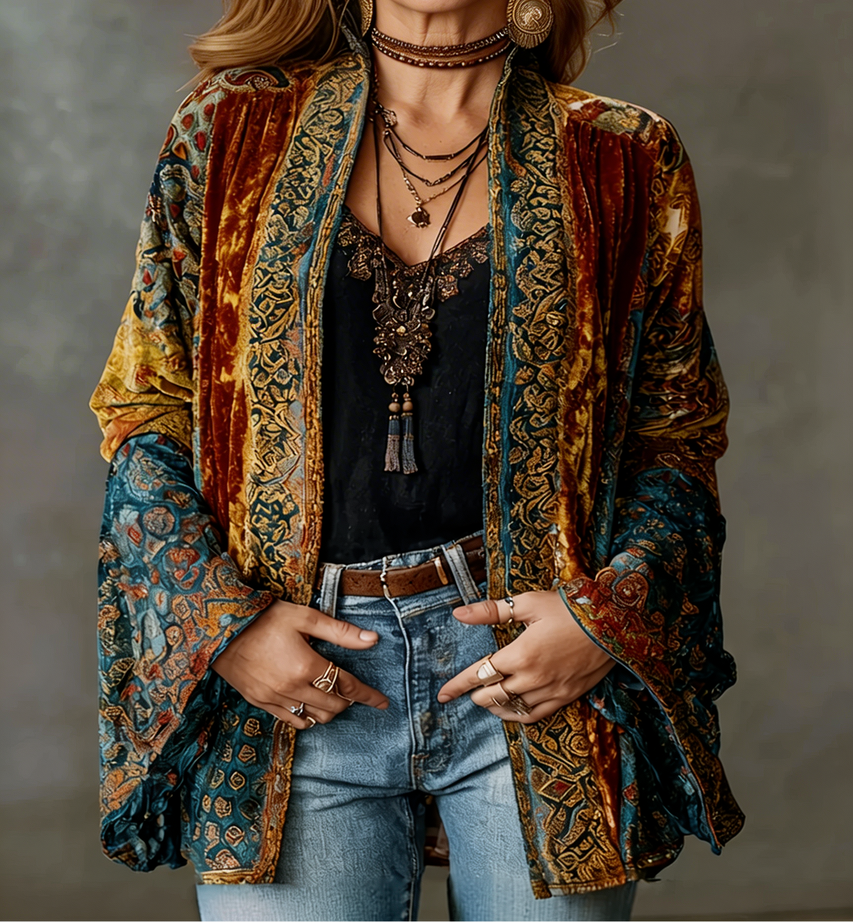 Women's Paisley Print Open-Front Long-Sleeve Cardigan Relaxed Fit Burgundy
