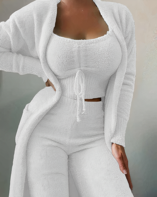 Women's Plush Fleece Cropped Top Open Cardigan Pant Set White